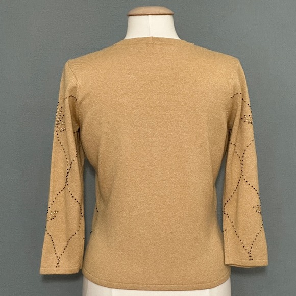 VTG Cache Womens Sweater M Camel Tan Silk Cashmere Beaded Cardigan Classic 90s - Picture 5 of 11